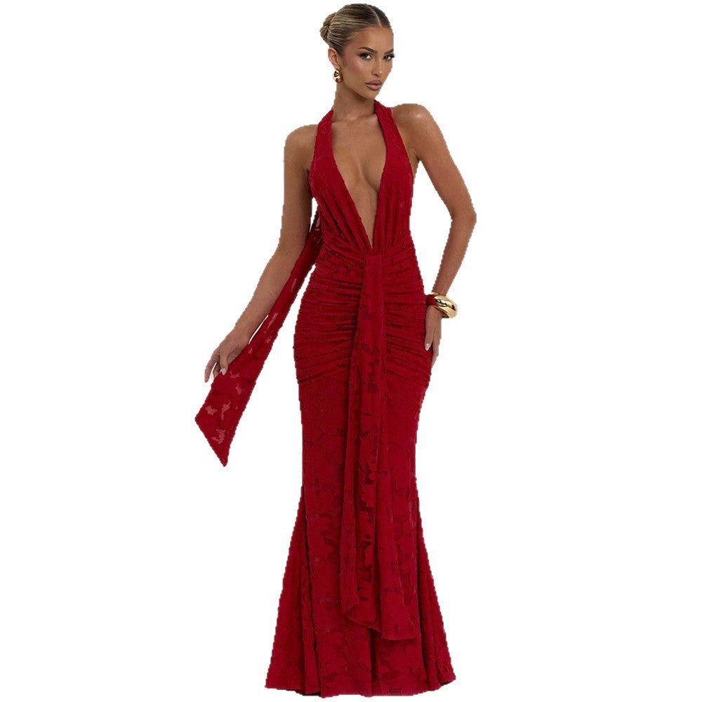 Damen Elegantes Maxikleid mit tiefem V-Ausschnitt und strukturierter Raffung Echo Archiv