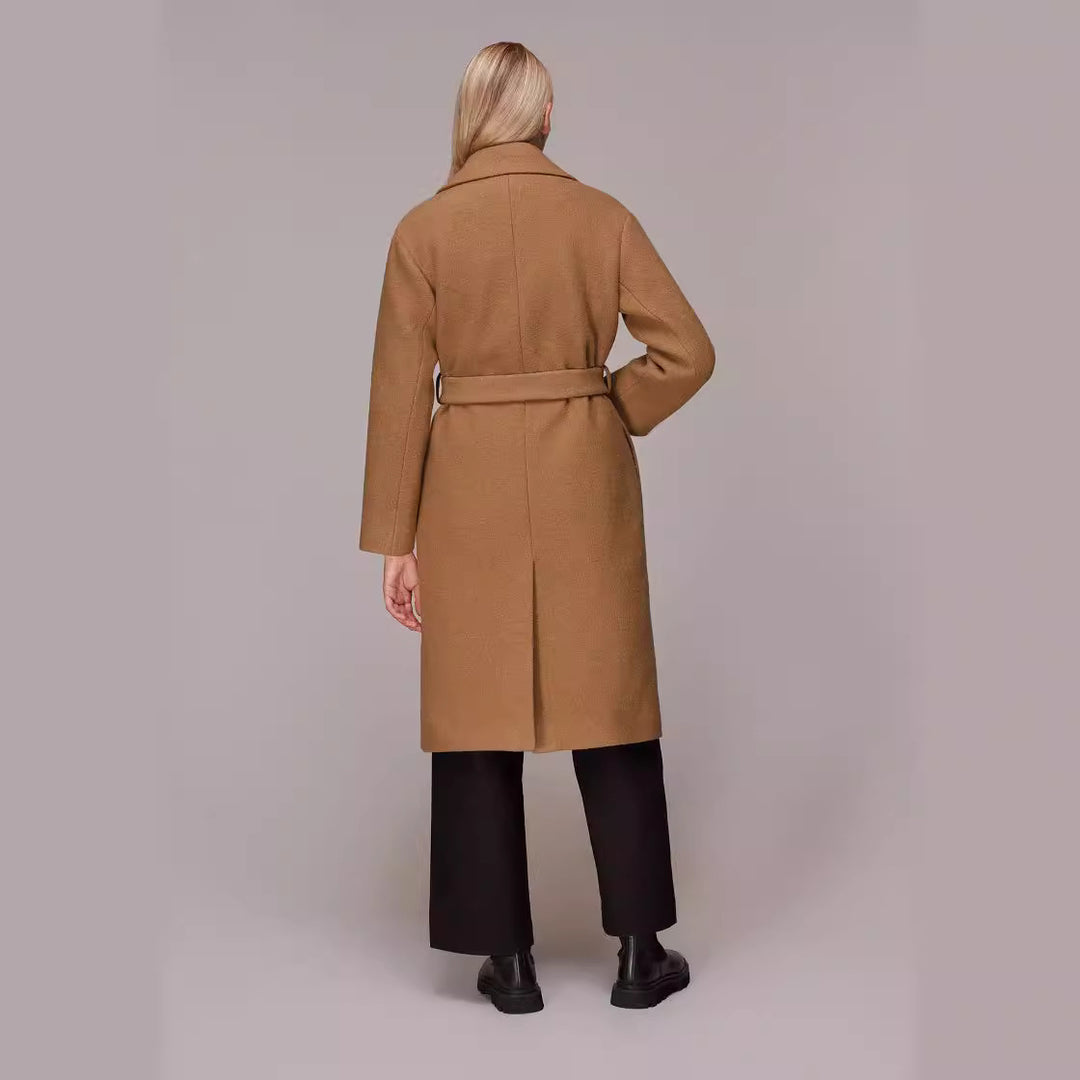 Damen Midilanger Wollmix‑Longmantel mit minimalem Schalkragen und relaxed Silhouette Echoarchiv