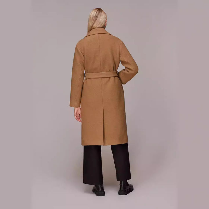 Damen Midilanger Wollmix‑Longmantel mit minimalem Schalkragen und relaxed Silhouette Echoarchiv