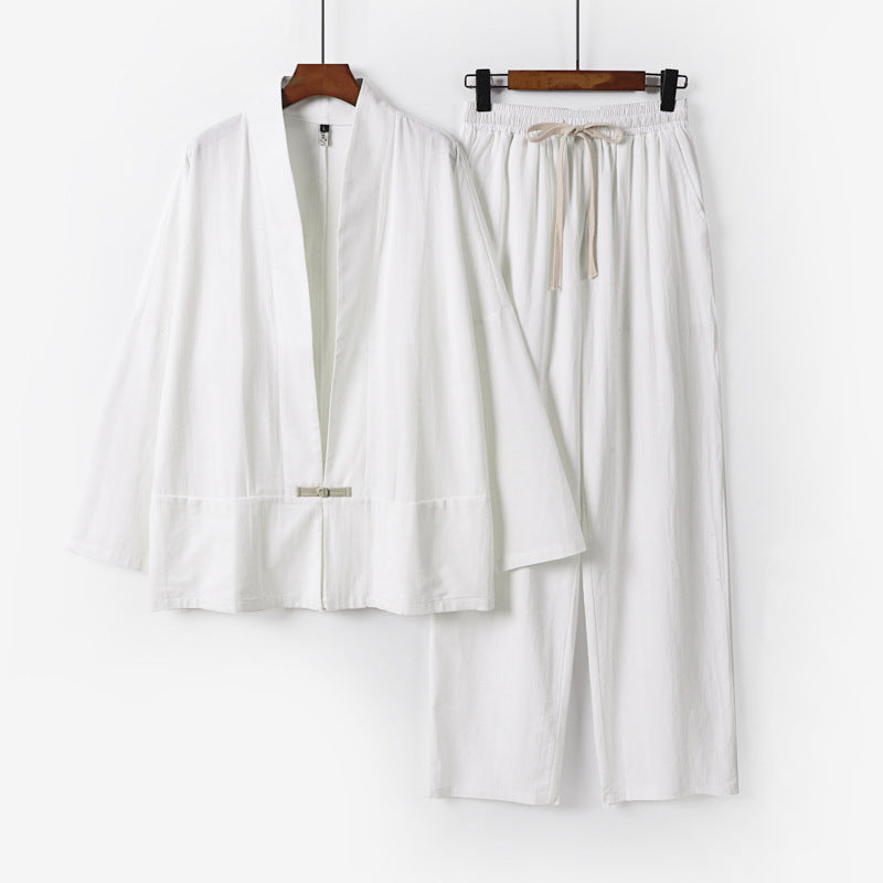 Herren Zen-inspiriertes Kimono-Loungewear-Set aus leichter Baumwollmischung mit offenem Schnitt und Kordelbundhose Echoarchiv