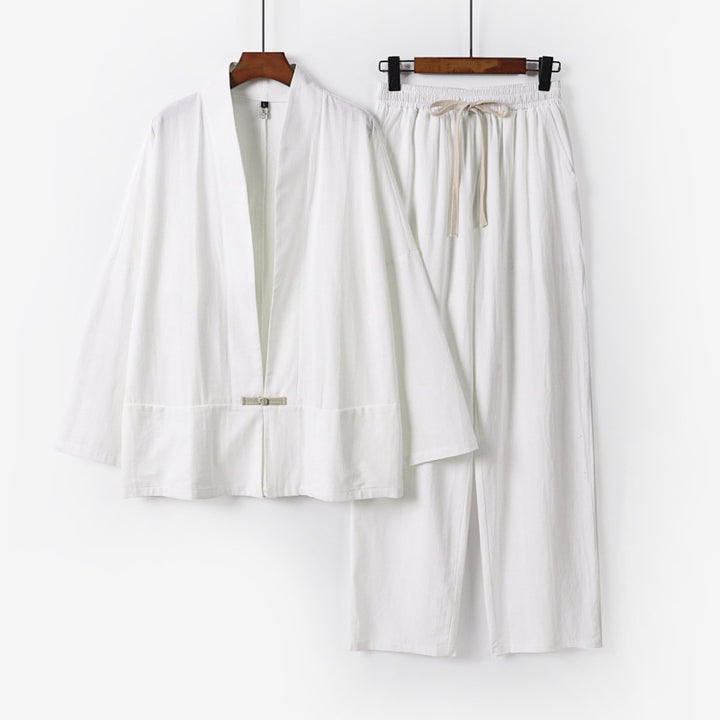 Herren Zen-inspiriertes Kimono-Loungewear-Set aus leichter Baumwollmischung mit offenem Schnitt und Kordelbundhose Echoarchiv