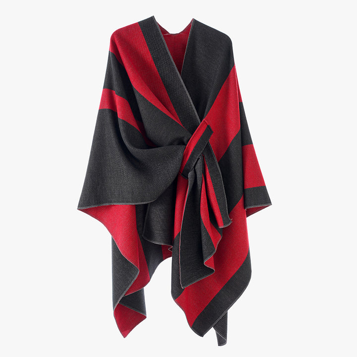 Damen Wickel‑Cape mit breitem Streifenmuster und Bindegürtel – Avérine