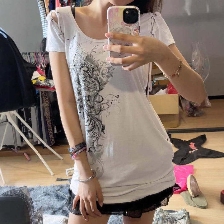 Damen Elegantes T-Shirt mit dekorativen Schnürdetails Echo Archiv