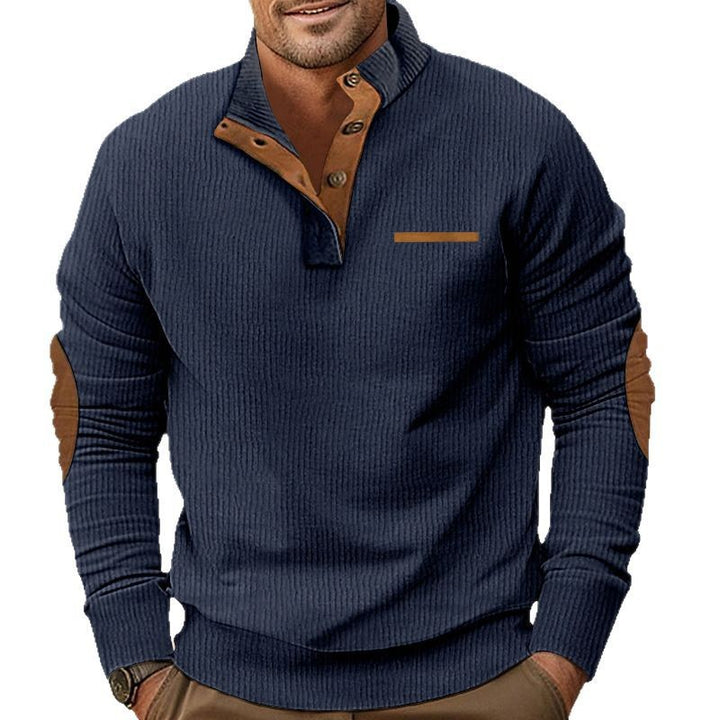Herren nan strukturiertes Halbknopf-Stehkragen-Pullover mit Wildleder-Ellbogenpatches Echo Archiv