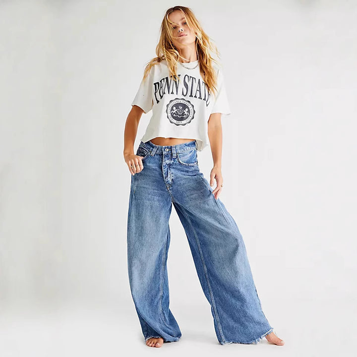 Damen nan extraweite High‑Waist Palazzo-Jeans aus Denim mit rohem Saum und Vintage-Waschung Echo Archiv