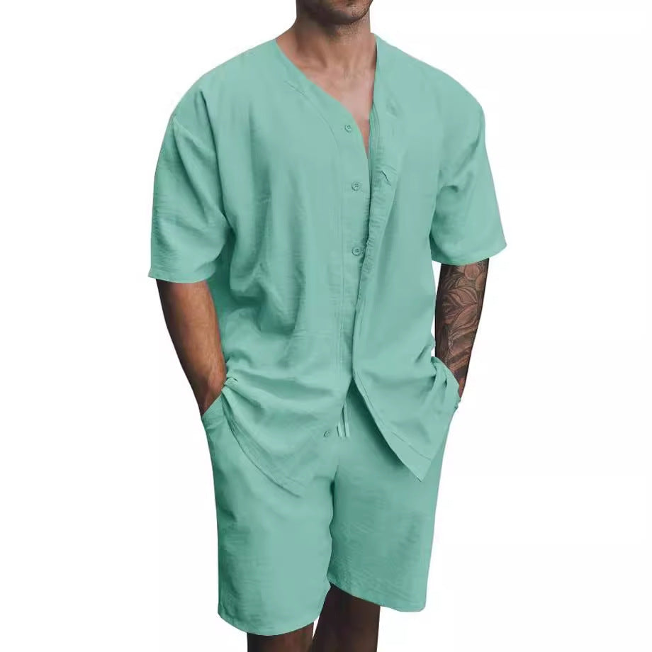 Herren luftiges Sommer-Freizeit-Set mit kurzärmeliger Knopfleiste und lässigen Shorts Echoarchiv