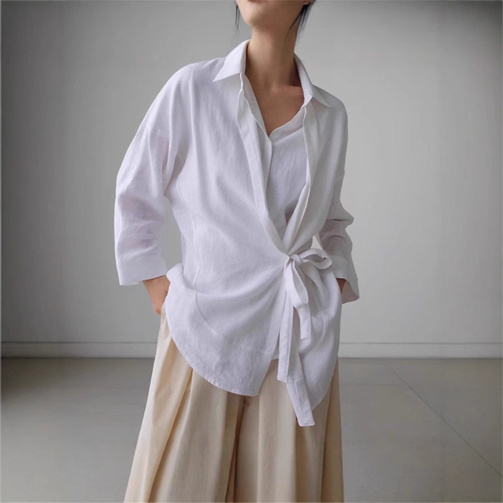 Damen Wickel-Langbluse aus Leinenmix mit Seitenschleife und Oversize-Schnitt – Élovi
