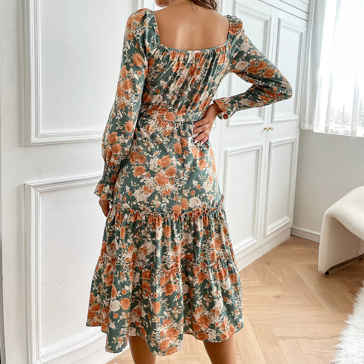 Damen Midikleid mit quadratischem Ausschnitt, Puffärmeln und Taillenschnürung Echoarchiv