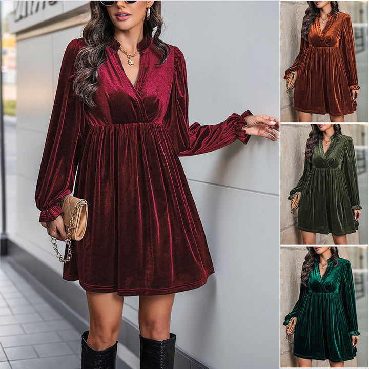 Damen Festliches Samt-Minikleid mit Wickel‑V-Ausschnitt, taillierter Raffung und voluminösen Ballonärmeln Echoarchiv