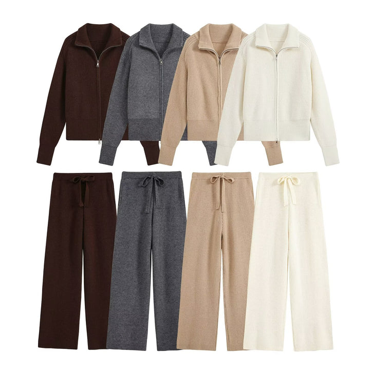 Damen Strick‑Lounge‑Set mit Stehkragen‑Zipperjacke und weiter Bundhose Echo Archiv