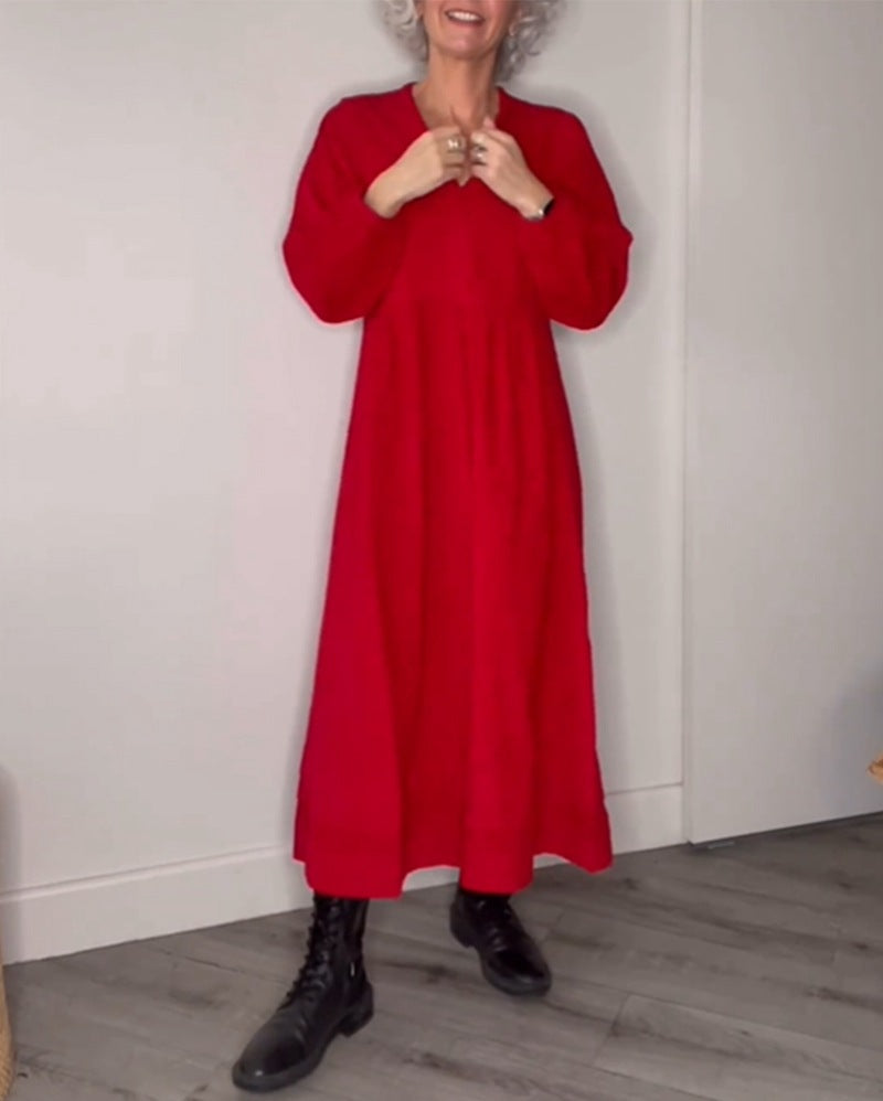 Damen Freizeit Viskose Maxi Kleid mit V-Ausschnitt, Taillennaht und Ballonärmeln – Valéora