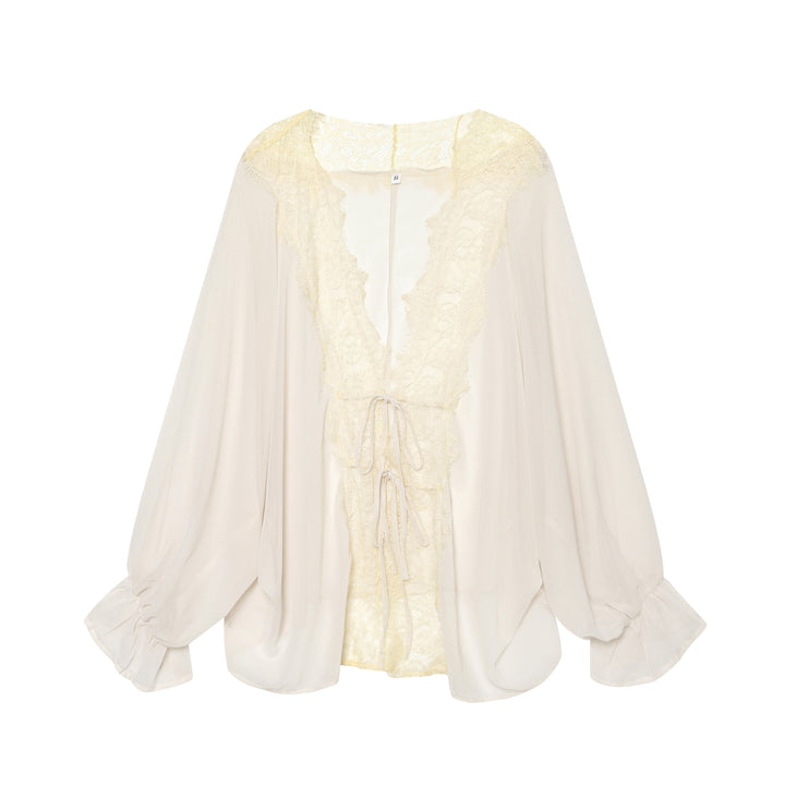 Damen Chiffonbluse mit tiefem V-Spitzeinsatz, lockeren Trompetenärmeln und Bindebändern – Élovi