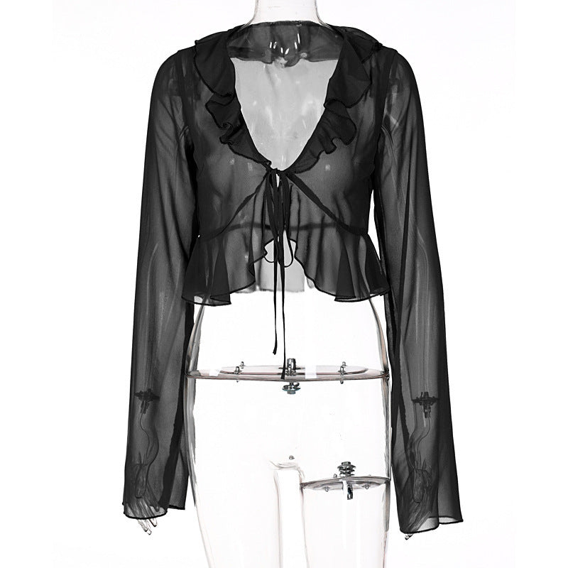 Damen Transparente Langarmbluse mit Rüschen und Bindegürtel Echo Archiv