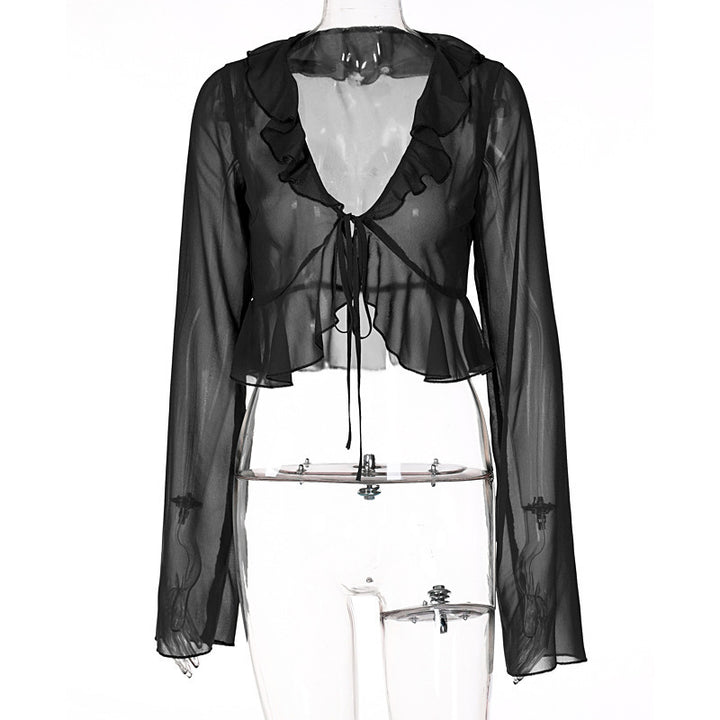 Damen Transparente Langarmbluse mit Rüschen und Bindegürtel Echo Archiv