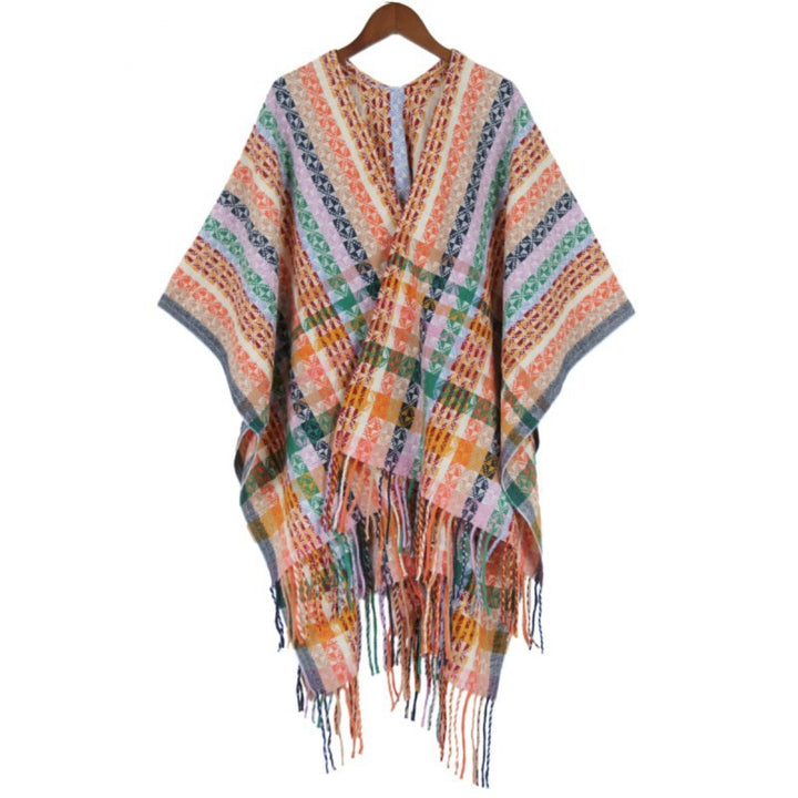 Damen Mehrfarbiger Web‑Poncho im Boho‑Patchwork‑Design mit Fransen Echo Archiv