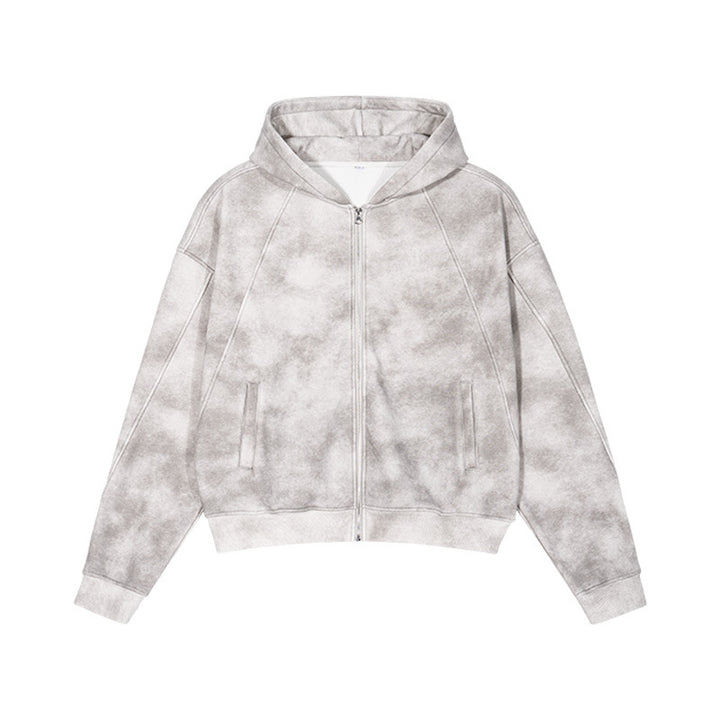 Unisex Kurz geschnittene Reißverschluss-Kapuzenjacke aus French-Terry mit Cloud-Dye-Effekt und Raglannähten Echo Archiv