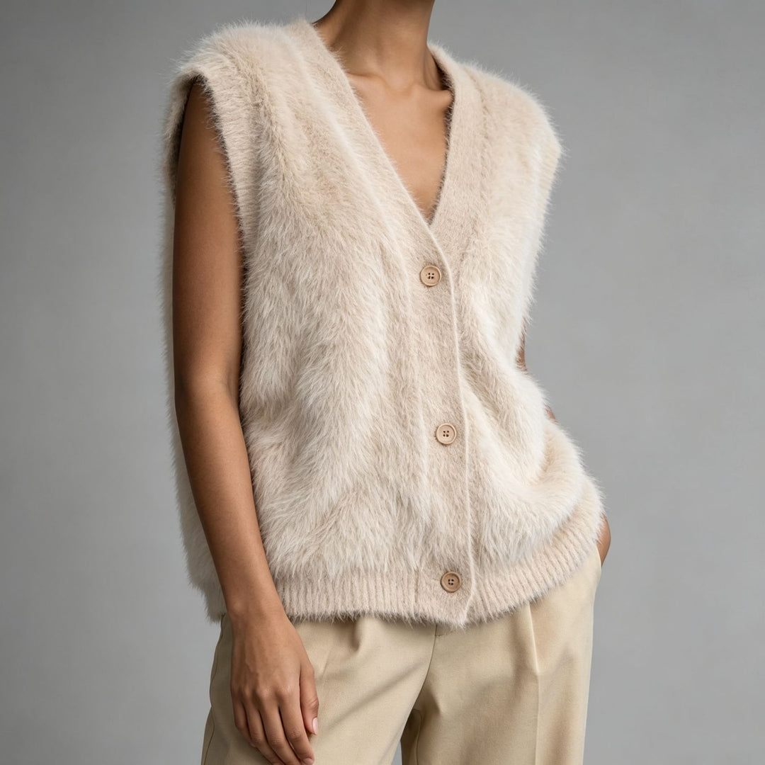 Damen Flauschige ärmellose Knopf‑Weste aus Mohairmix mit tiefem V-Ausschnitt – Veloura