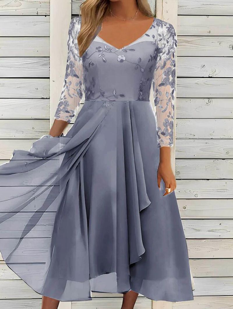Damen nan V-Ausschnitt Chiffon-Midikleid mit besticktem Bustier, transparenten dreiviertel-Ärmeln und asymmetrischem Lagenrock Echo Archiv