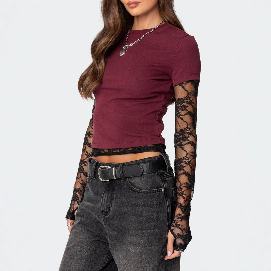 Damen Kurzgeschnittenes T‑Shirt mit transparenten Spitzenärmeln – Avérine