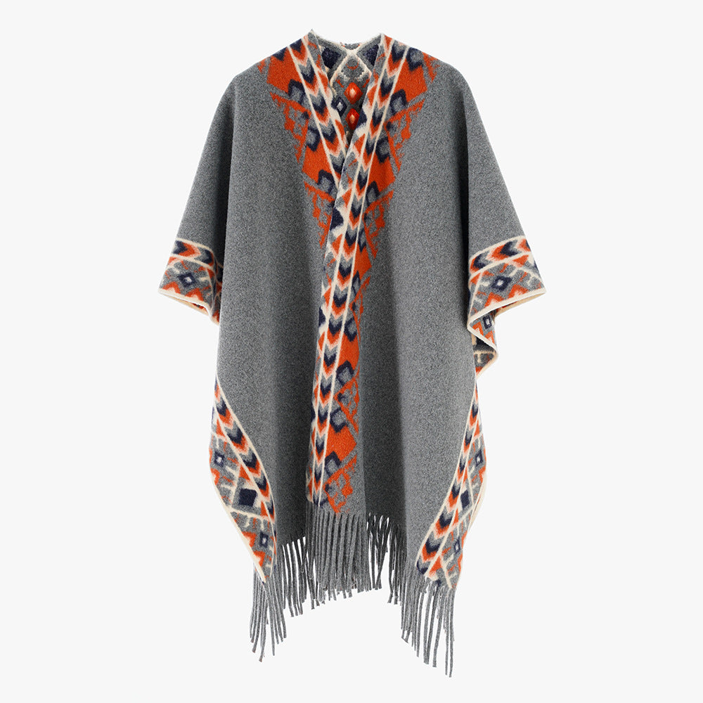 Damen Poncho‑Überwurf mit Ethno-Jacquard und Fransensaum Echo Archiv