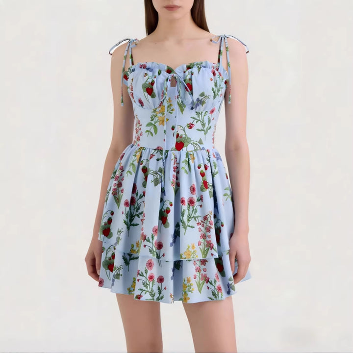 Damen Minikleid mit Blumenmuster und bordeauxfarbenem Unterrock Echo Archiv
