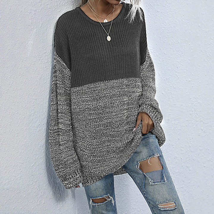 Damen Oversize-Strickpullover im Melange-Blockdesign mit Rundhalsausschnitt & verlängertem Saum Echoarchiv