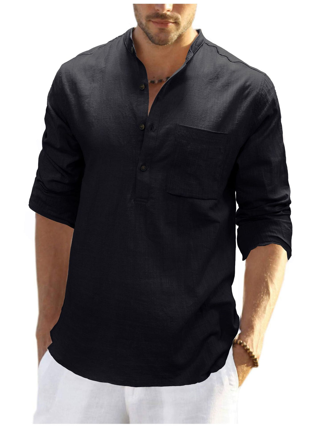 Herren lässiges Langarm-Henley-Shirt aus angenehmem Leinenmix mit Brusttasche Echoarchiv