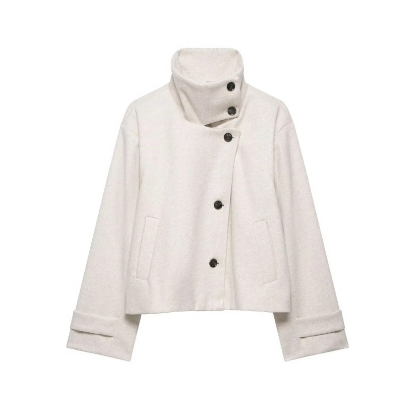 Damen Cropped Wollmix-Kurzjacke mit hohem Stehkragen, asymmetrischer Knopfleiste und Krempelmanschetten Echoarchiv