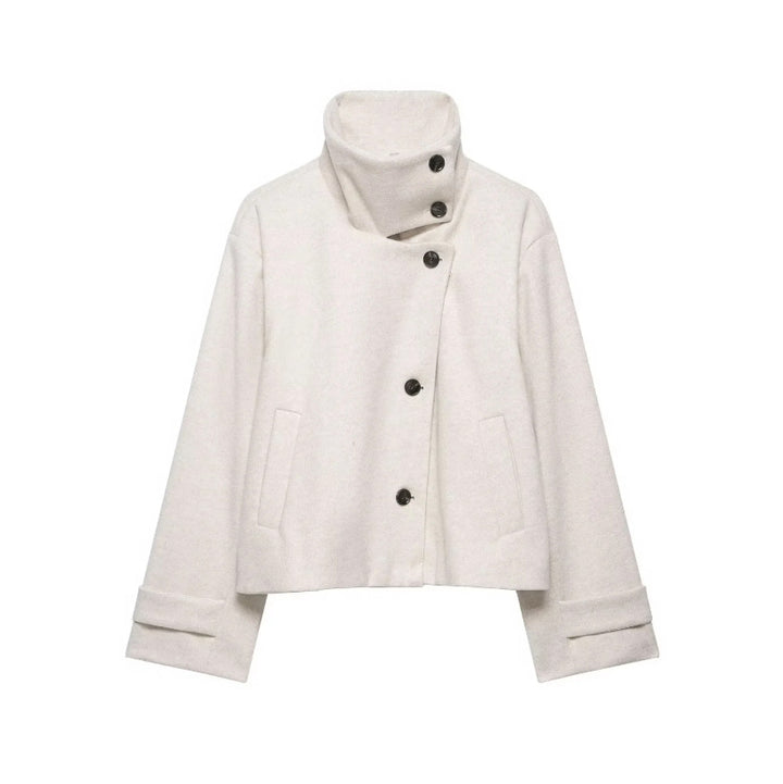 Damen Cropped Wollmix-Kurzjacke mit hohem Stehkragen, asymmetrischer Knopfleiste und Krempelmanschetten Echoarchiv