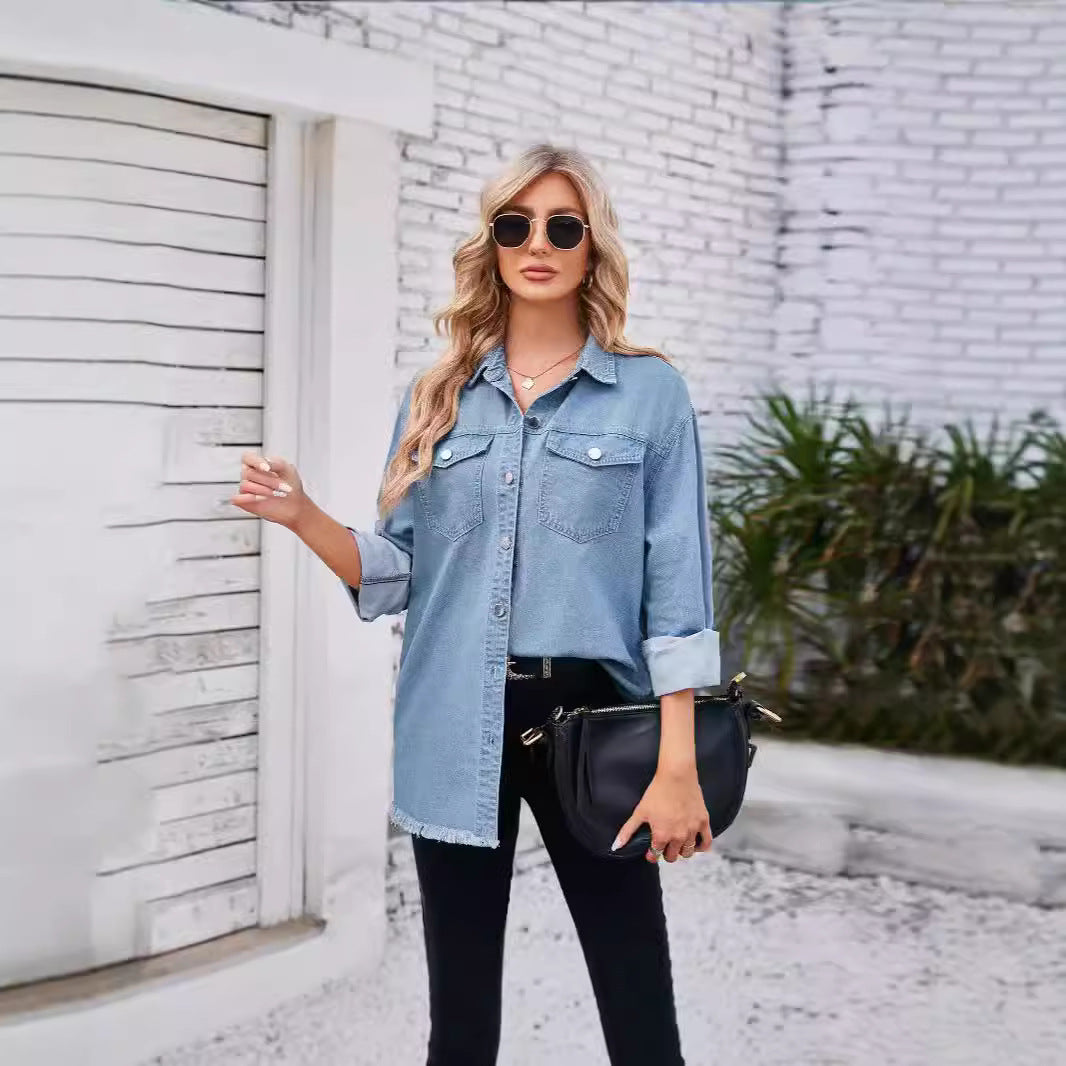 Damen Denim-Bluse im lässigen Schnitt mit Fransen und aufgesetzten Taschen Echo Archiv