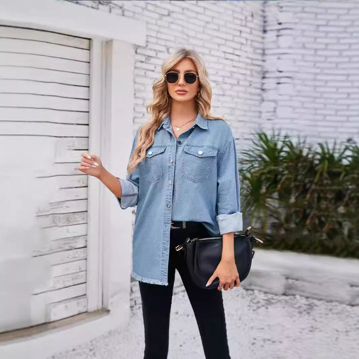 Damen Denim-Bluse im lässigen Schnitt mit Fransen und aufgesetzten Taschen Echo Archiv
