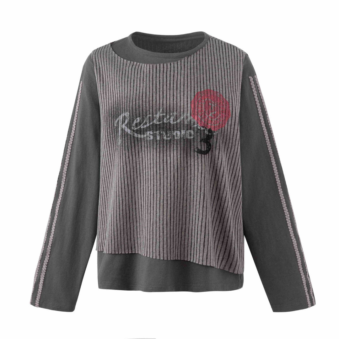 Damen Lässiges Sweatshirt mit gestreiftem Overlay, Ziernähten und Rosenprint Echoarchiv