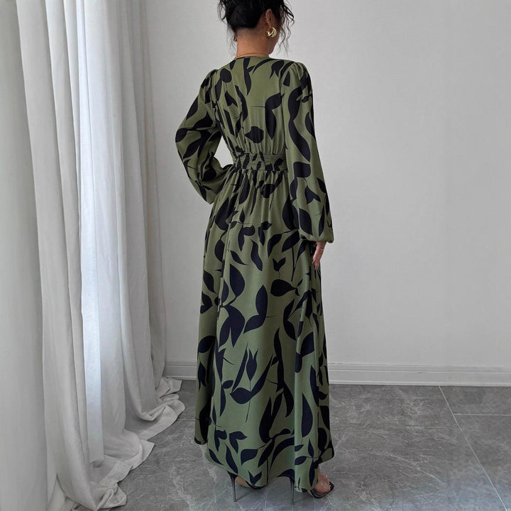 Damen Maxikleid mit taillierter Knopfleiste, V‑Ausschnitt und Ballonärmeln – Avérine