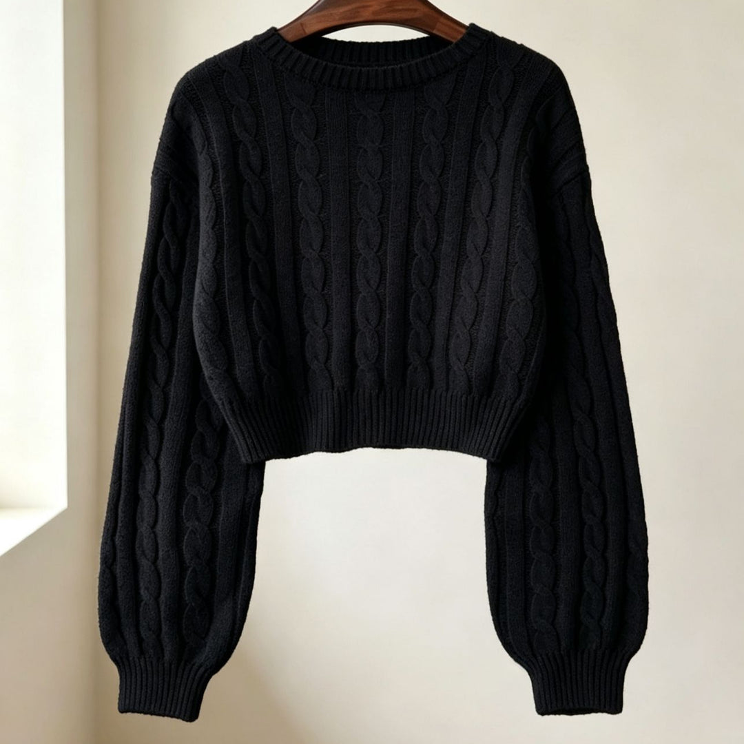 Damen Cropped Zopfmuster-Strickpullover mit kastiger Silhouette und Ballonärmeln – Mavelle