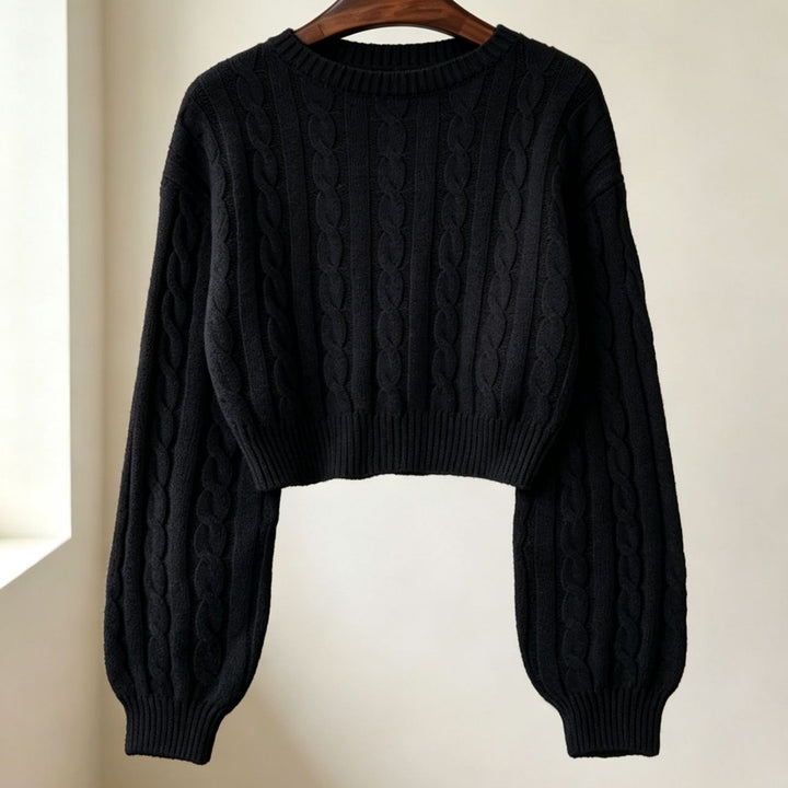 Damen Cropped Zopfmuster-Strickpullover mit kastiger Silhouette und Ballonärmeln – Mavelle