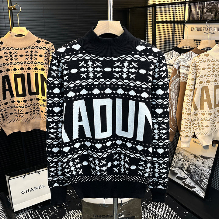 Herren Rollkragenpullover mit Norweger-Jacquard und großflächigem Logoprint Echoarchiv