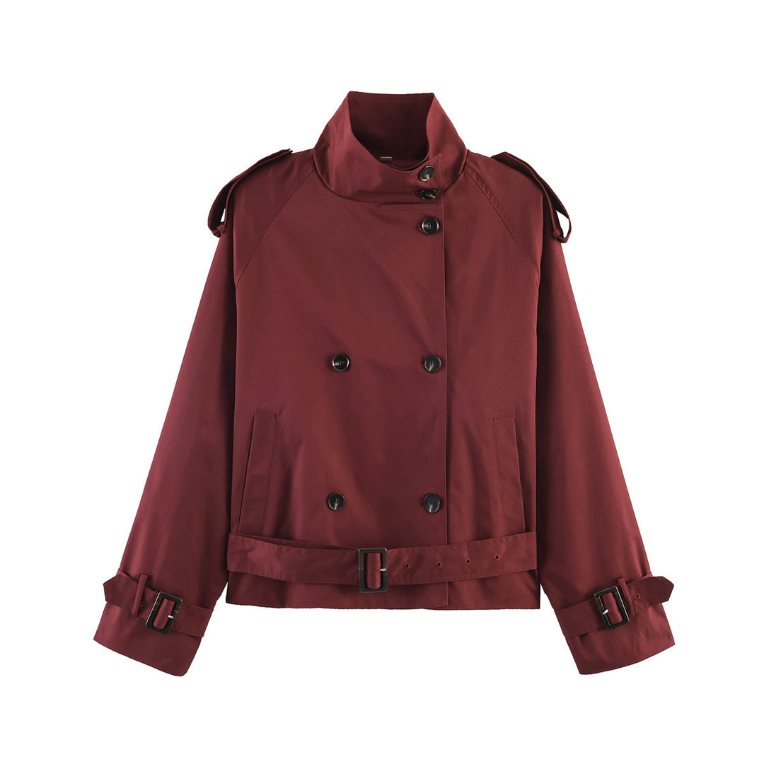 Damen 20+ kurzer Doppelreiher Trenchblouson im Boxy‑Cut mit Stehkragen Schulterklappen und verstellbarem Taillengürtel Echo Archiv