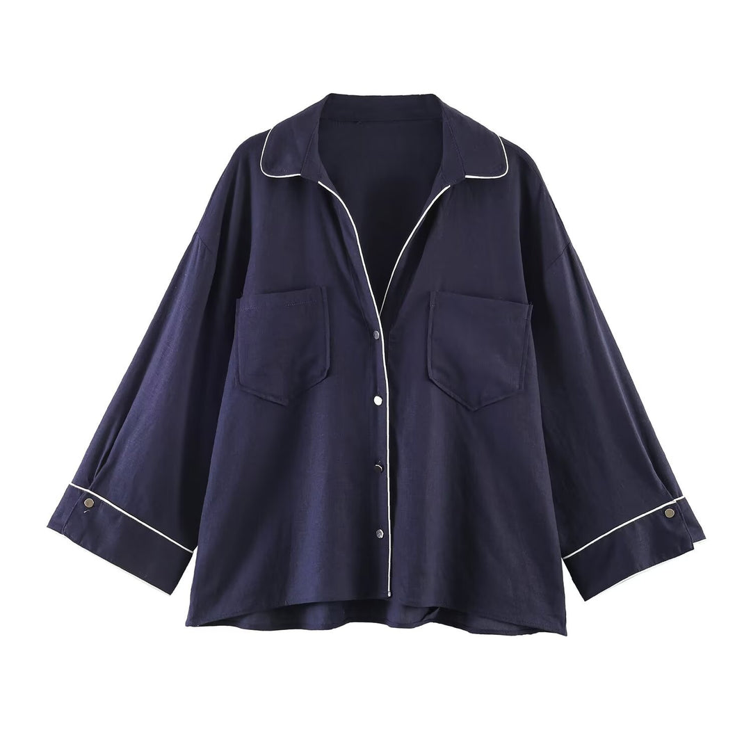 Damen Pyjama-inspirierte Oversize-Hemdbluse mit Kontrastpaspel und Brusttaschen Echo Archiv