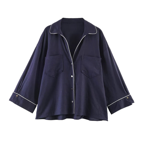 Damen Pyjama-inspirierte Oversize-Hemdbluse mit Kontrastpaspel und Brusttaschen Echo Archiv