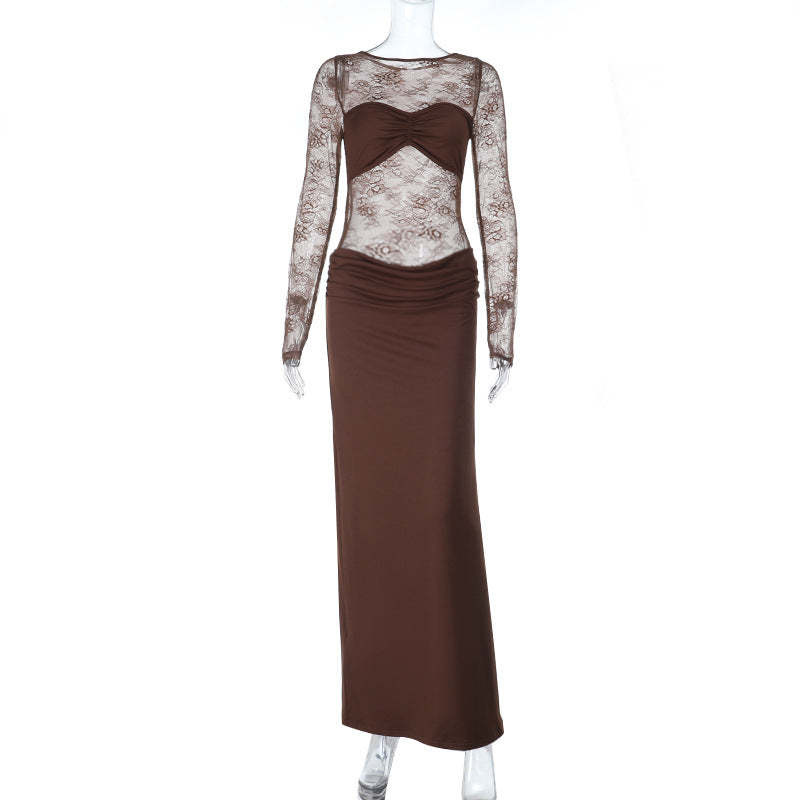 Damen Hochwertiges Maxikleid mit transparenten Langarmen Echo Archiv