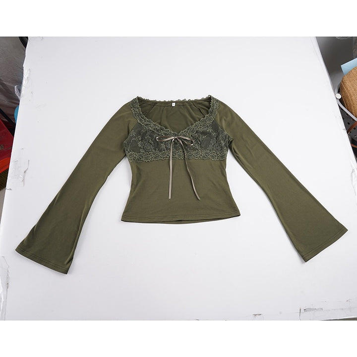 Damen Langärmeliges Slim-Fit Shirt mit Spitzen-Bustier-Einsatz und Zierschleife – Maréline