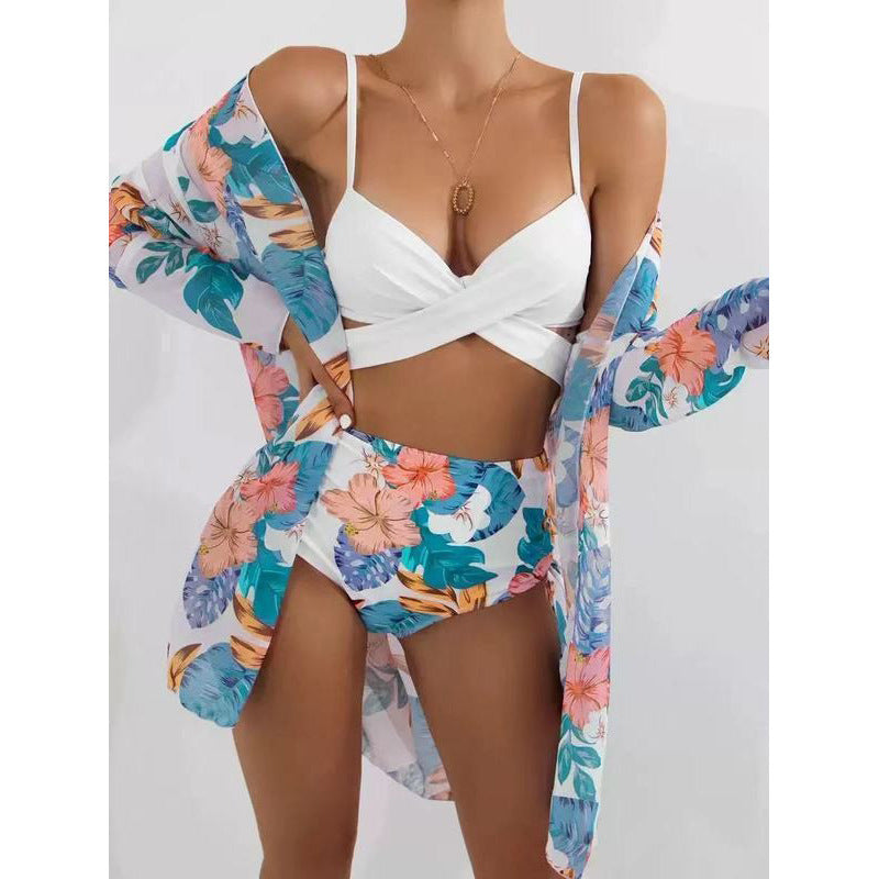 Damen Bikiniset mit floralem Kimono und hoch taillierter Hose Echo Archiv