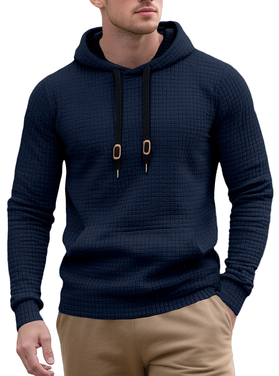 Herren nan schmal geschnittener Stepp-Kapuzenpullover mit feiner Quadratstruktur, Kordelzug und geripptem Saum Echo Archiv