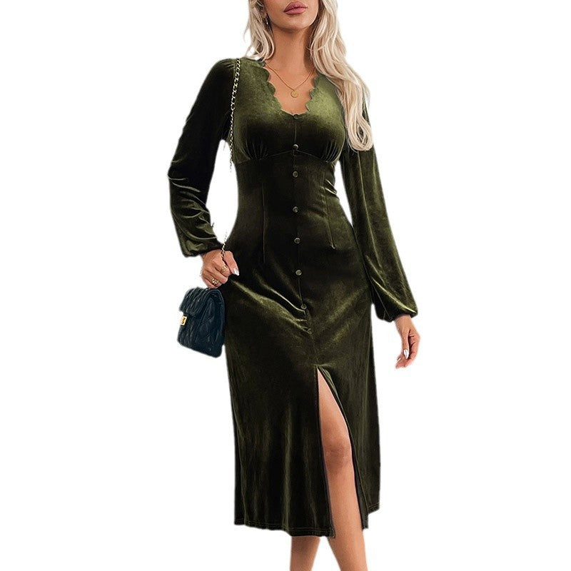Damen Samt-Midikleid mit tailliertem Schnitt, geschwungenem Ausschnitt, Puffärmeln & Zierknopfleiste Echoarchiv