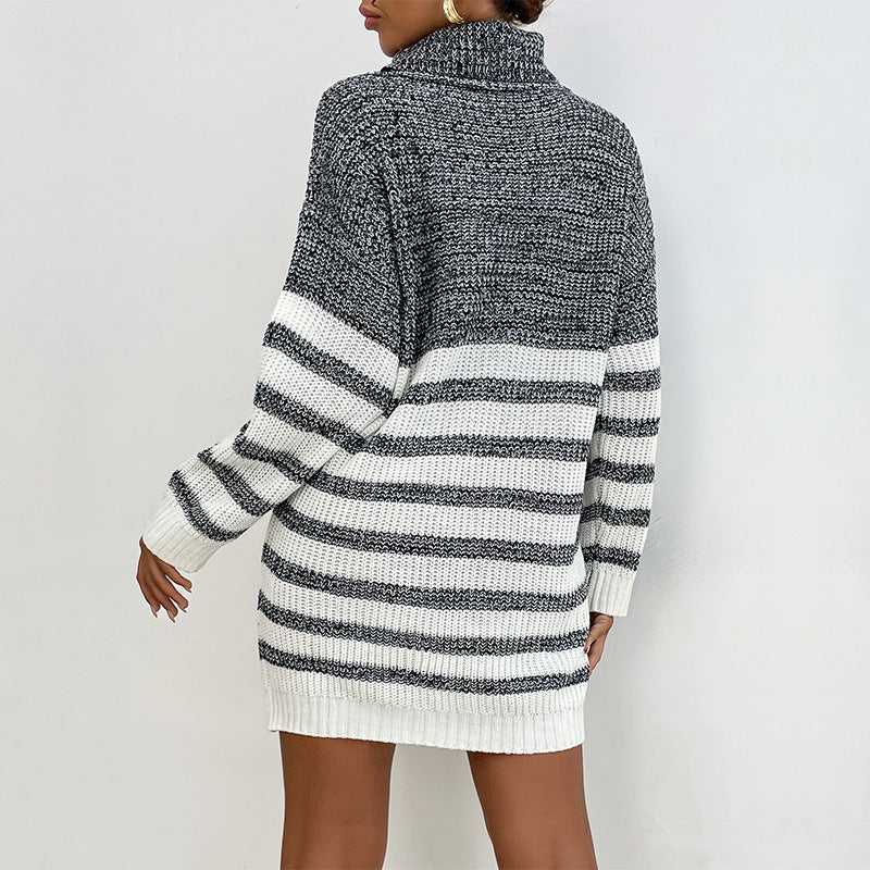 Damen Kurzes Strickkleid im Maritim-Look mit Rollkragen, Rippenbündchen und lässiger Oversize-Silhouette – Lunéa