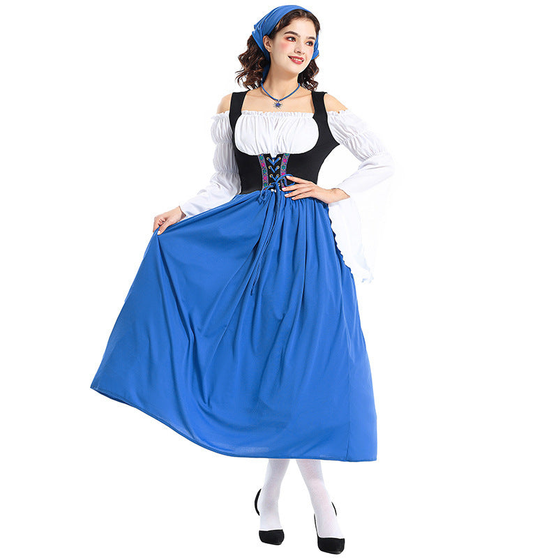 Damen nan Renaissance-Bauernkleid mit geschnürtem Mieder, schulterfreiem Carmen-Oberteil und weitem Rock Echo Archiv