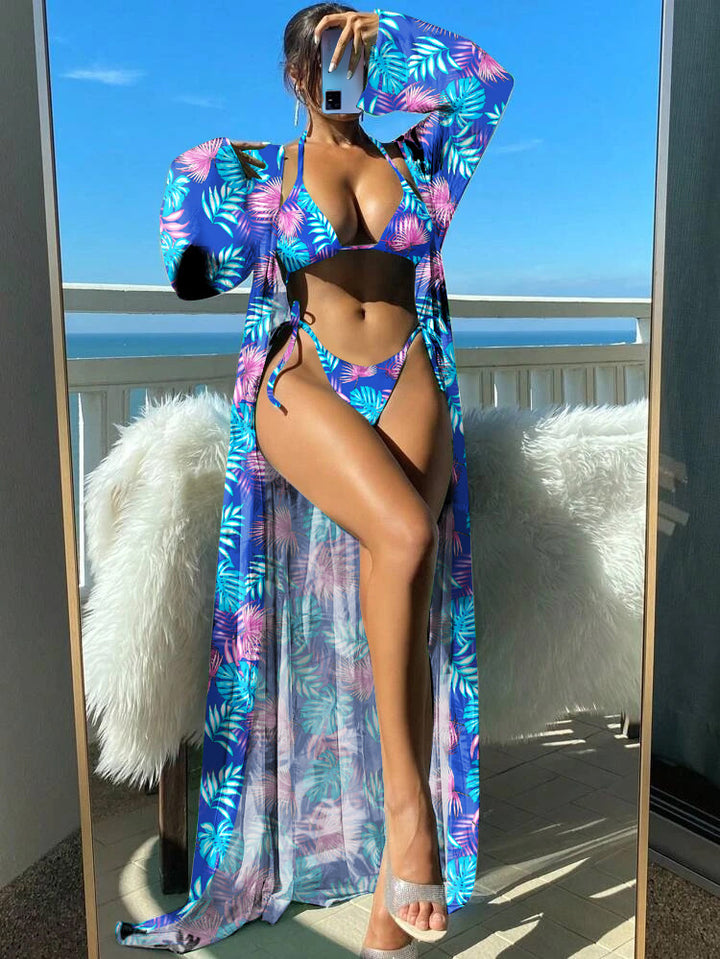 Damen Bikini-Set mit transparentem Kaftan und floralem Design Echo Archiv