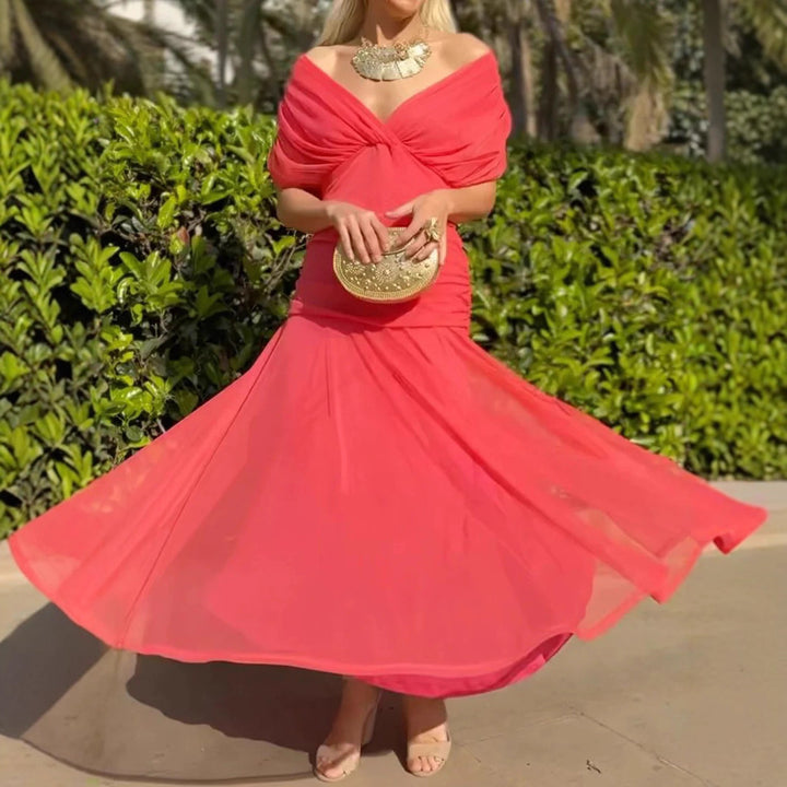 Damen nan fließendes Abendkleid mit transparentem Chiffon-Capelet, V-Ausschnitt und taillierter Drapierung Echo Archiv