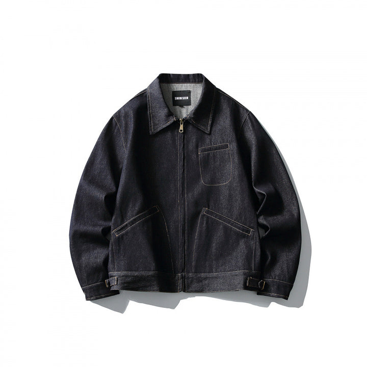 Herren Boxy-Denimjacke im Worker-Stil mit durchgehendem Reißverschluss und Brusttasche Echo Archiv