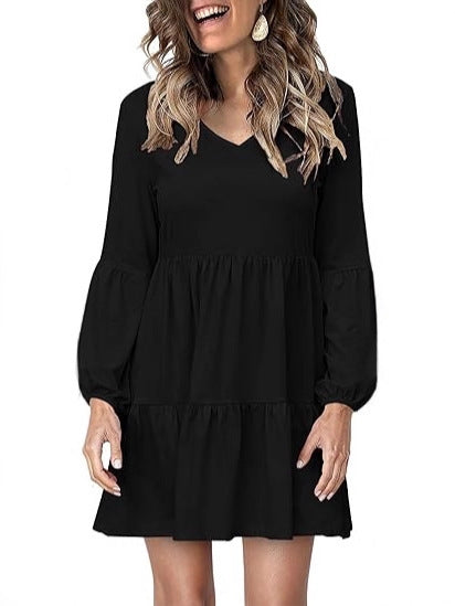 Damen Stufiges Mini-Kleid mit V-Ausschnitt und Ballonärmeln – Élara